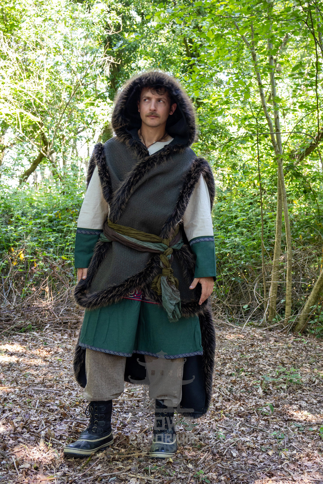 Green and Brown Viking Fur-Trim Cape with Sash
