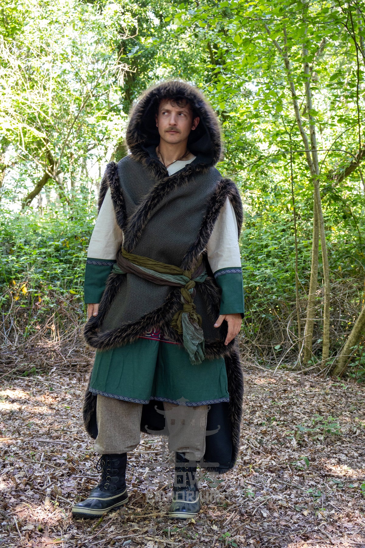 Green and Brown Viking Fur-Trim Cape with Sash
