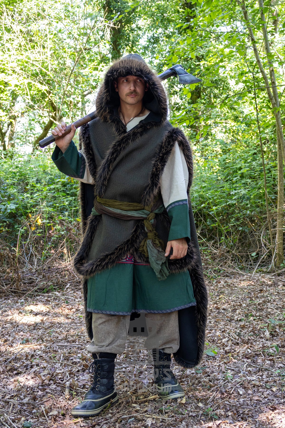 Green and Brown Viking Fur-Trim Cape with Sash