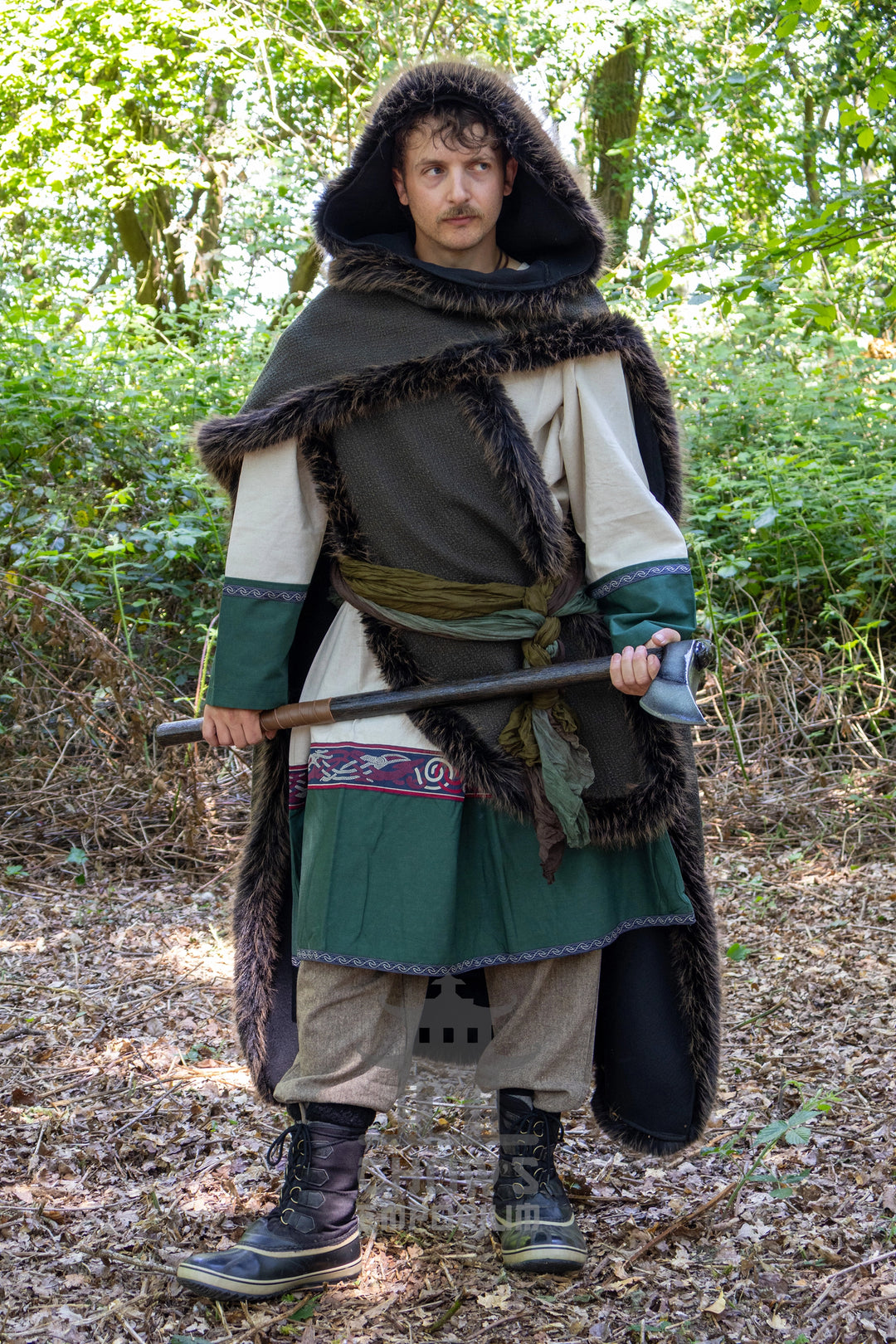 Green and Brown Viking Fur-Trim Cape with Sash