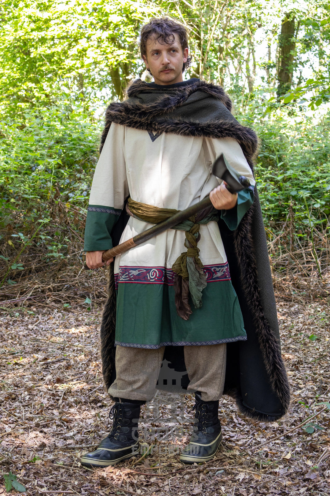 Green and Brown Viking Fur-Trim Cape with Sash