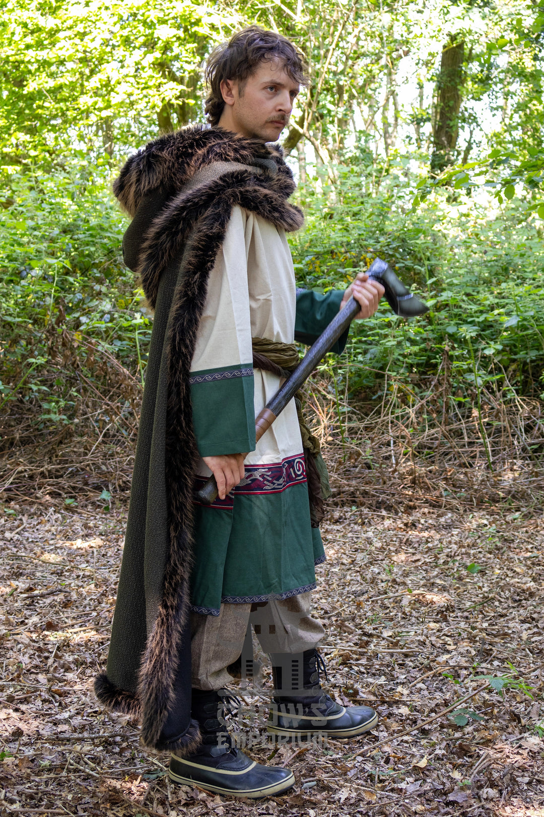 Green and Brown Viking Fur-Trim Cape with Sash
