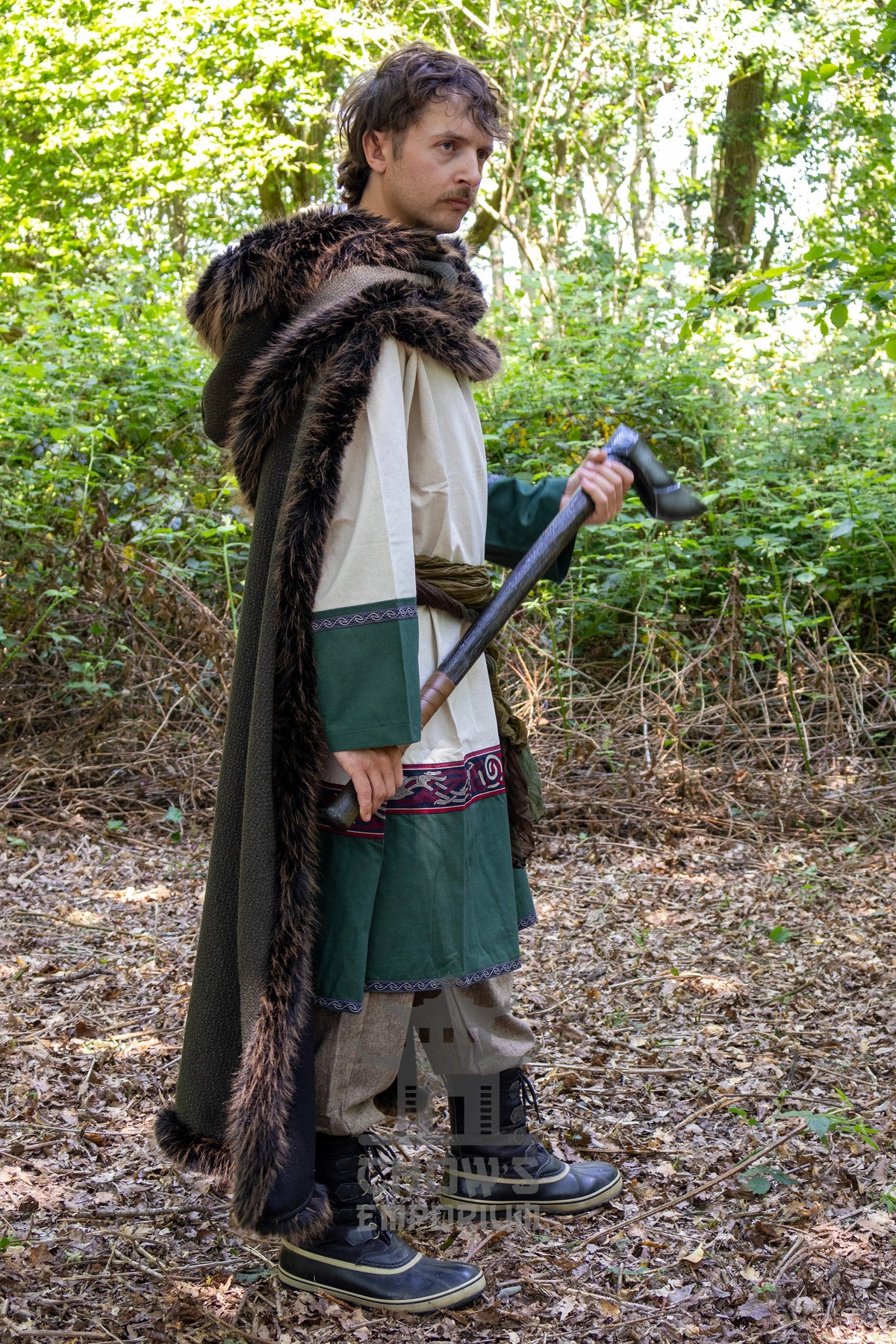 Green and Brown Viking Fur-Trim Cape with Sash