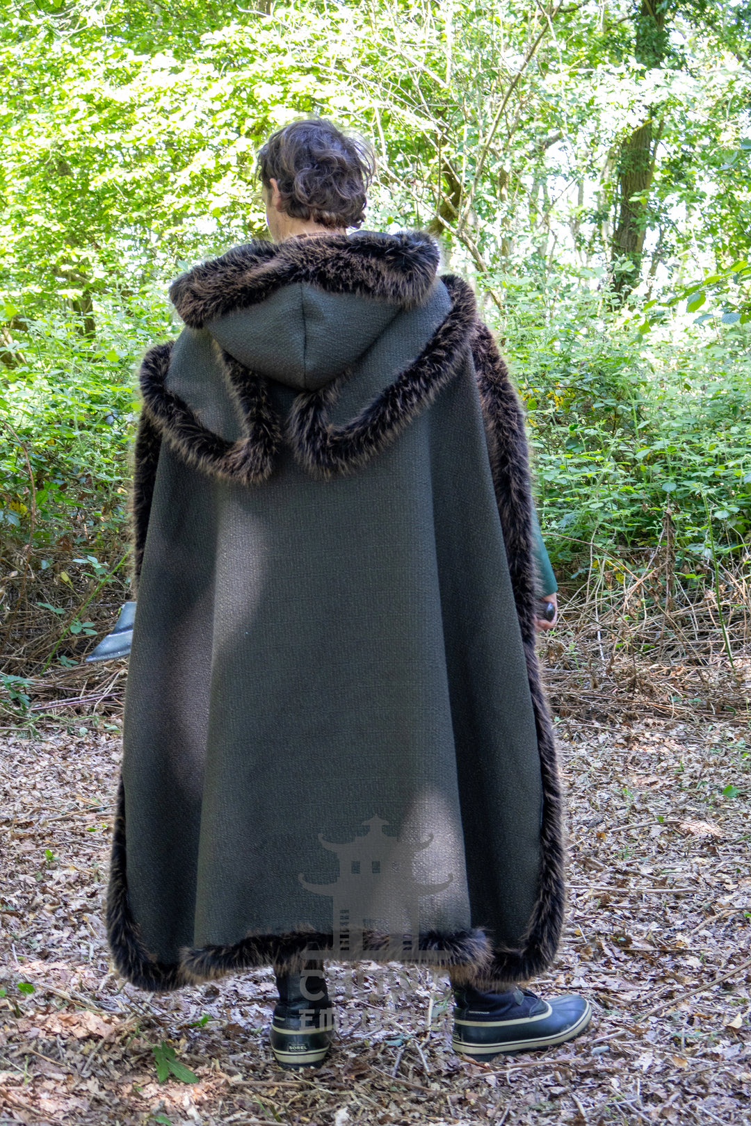 Green and Brown Viking Fur-Trim Cape with Sash
