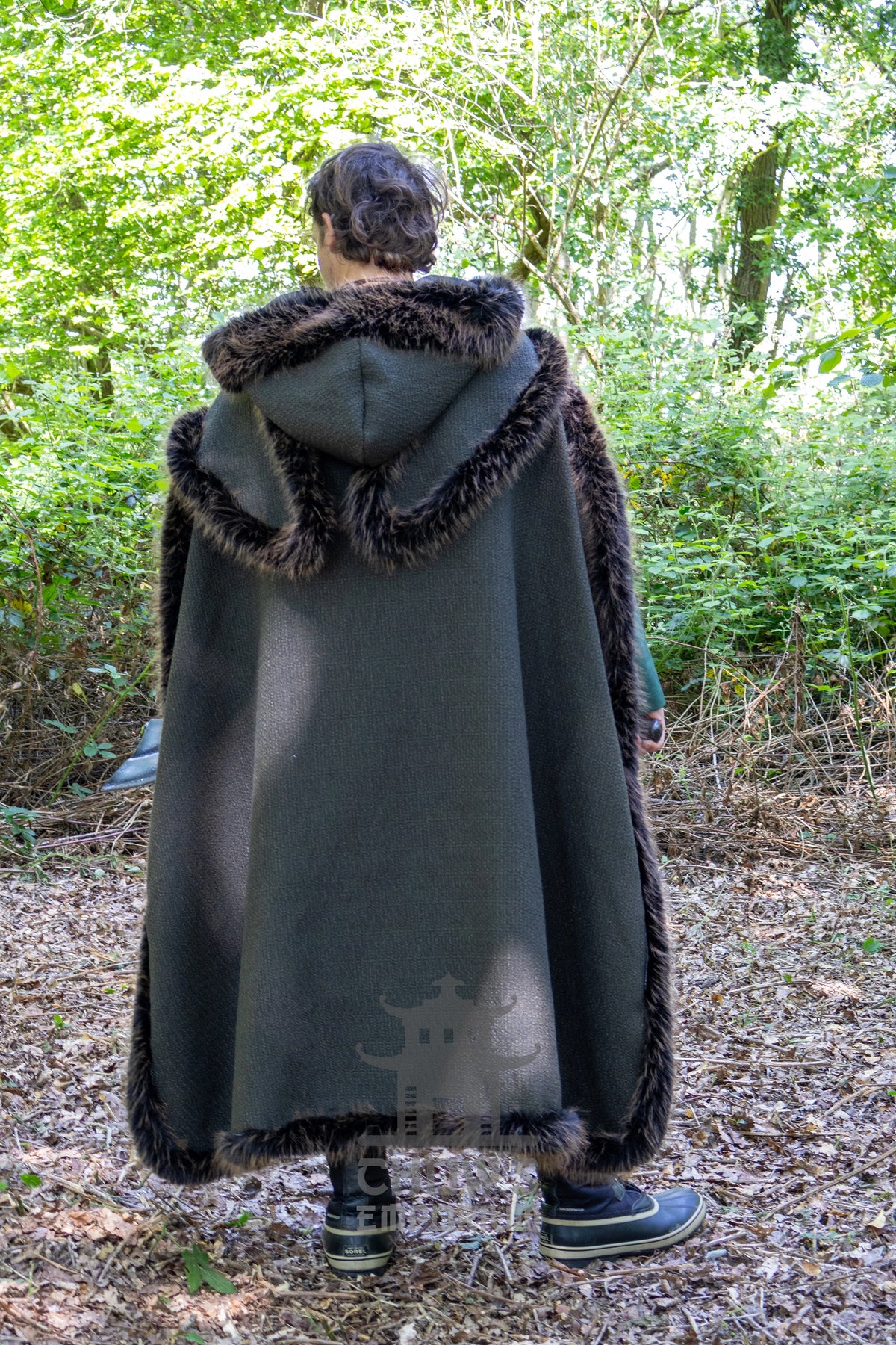 Green and Brown Viking Fur-Trim Cape with Sash