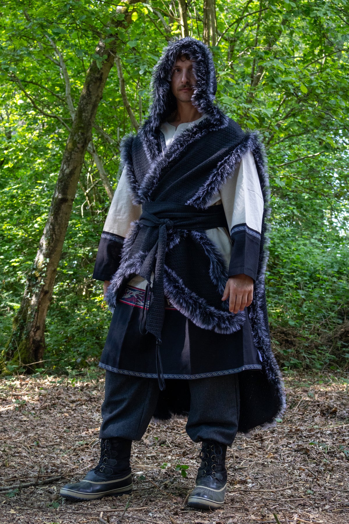 Black Viking Fur-Trim Cape with Sash