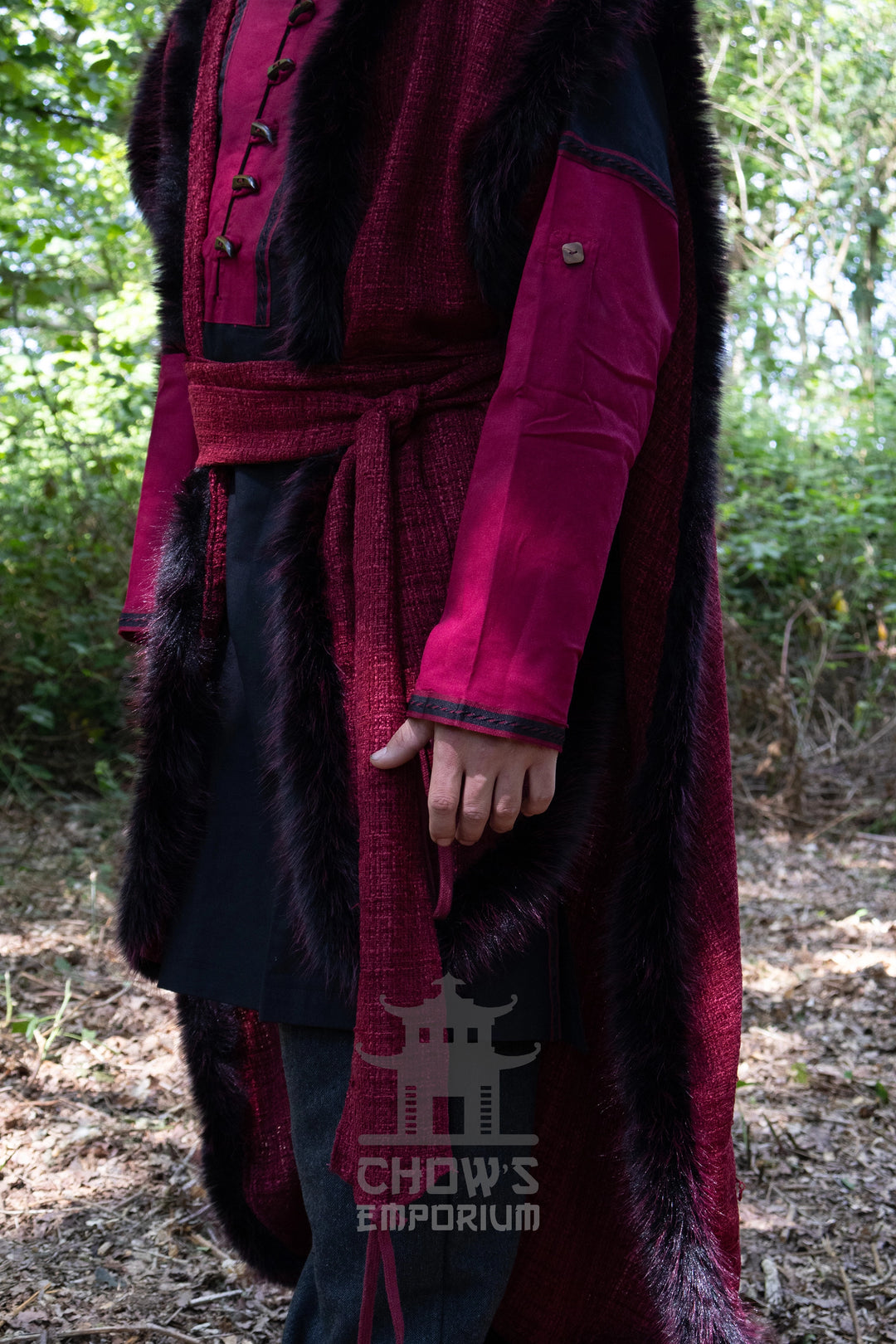 Red and Black Viking Fur-Trim Cape with Sash