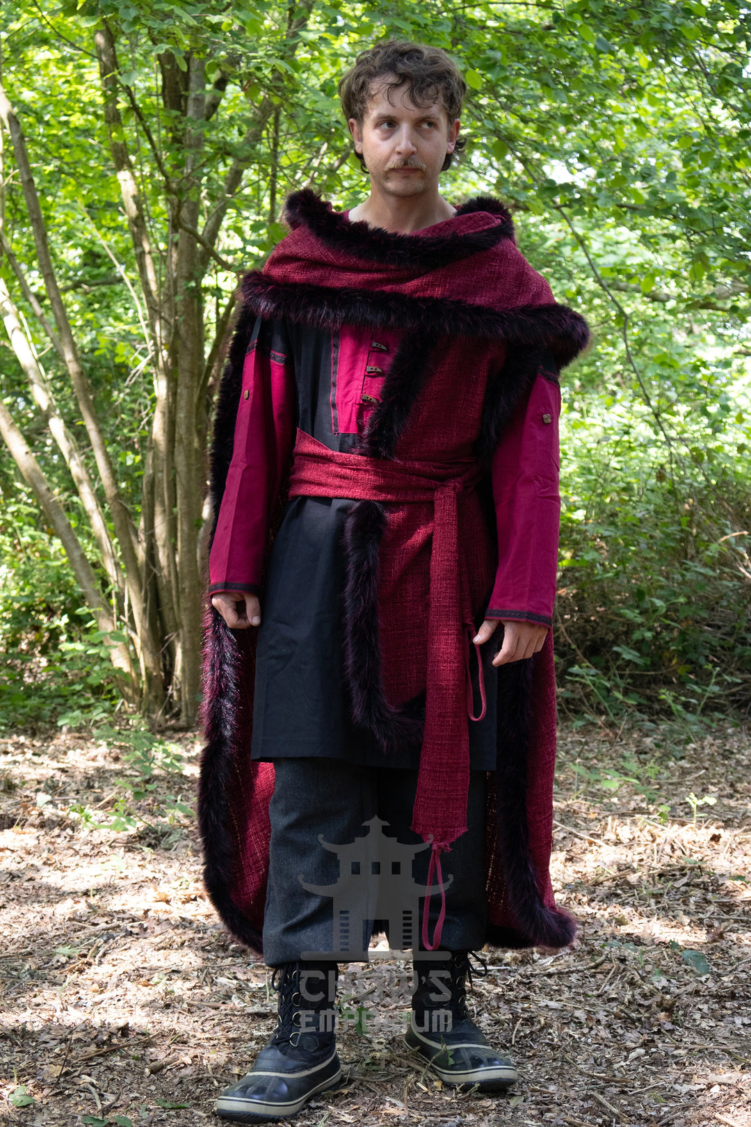 Red and Black Viking Fur-Trim Cape with Sash