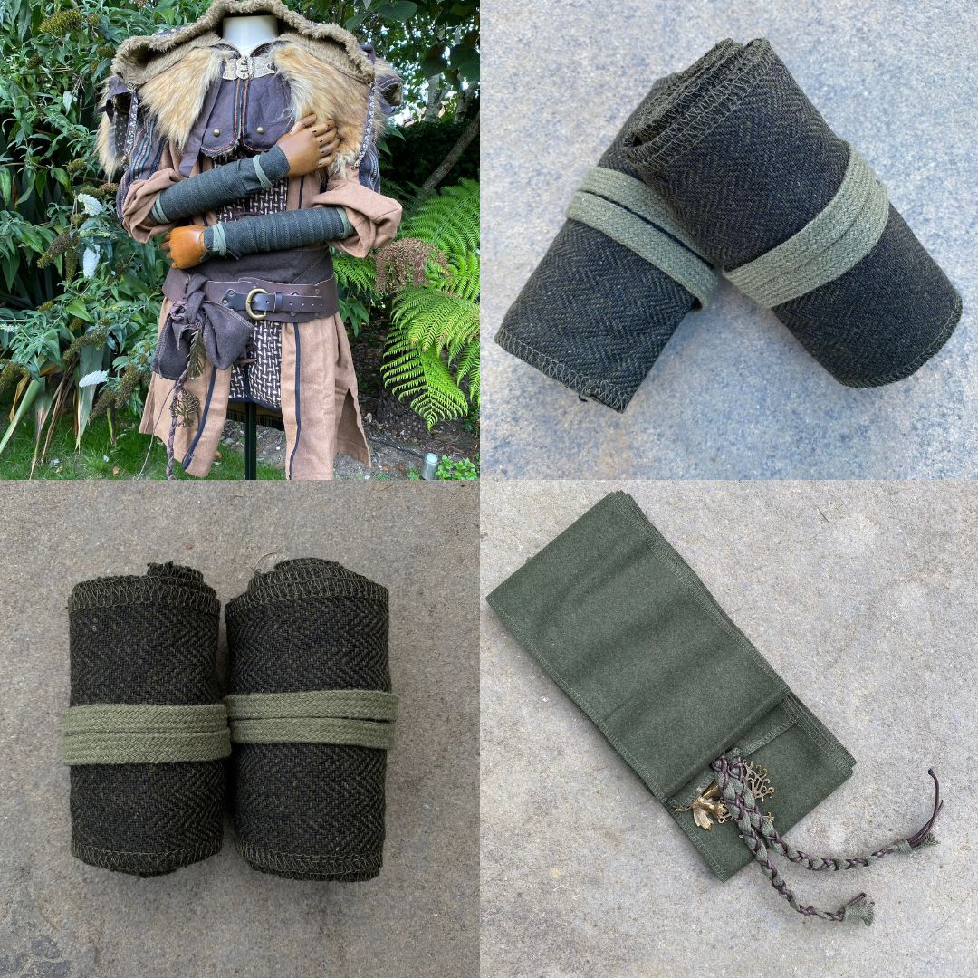 LARP herringbone wool wraps close-up, green and black on stone surface.