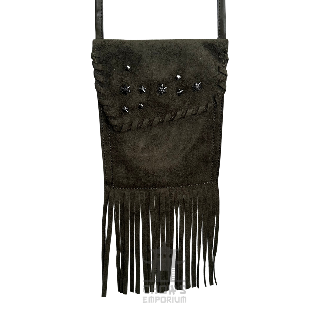 Green suede fringe crossbody bag, small, with studded flap