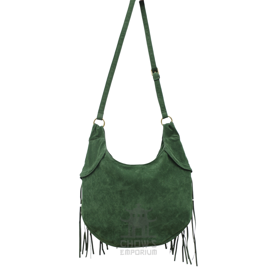 Green suede fringe shoulder bag back view, hobo style with long adjustable strap