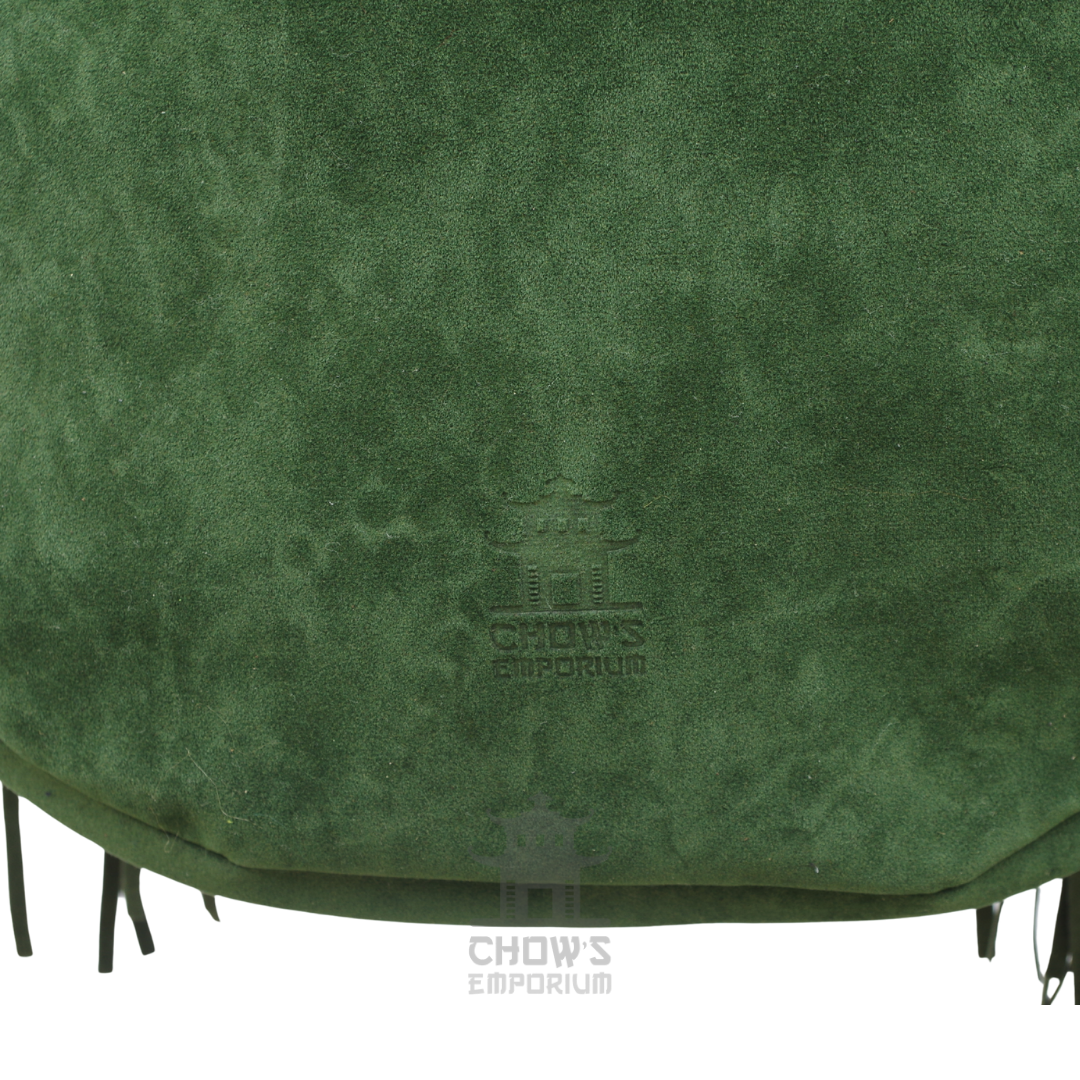 Green suede fringe hobo bag showing fringe detail