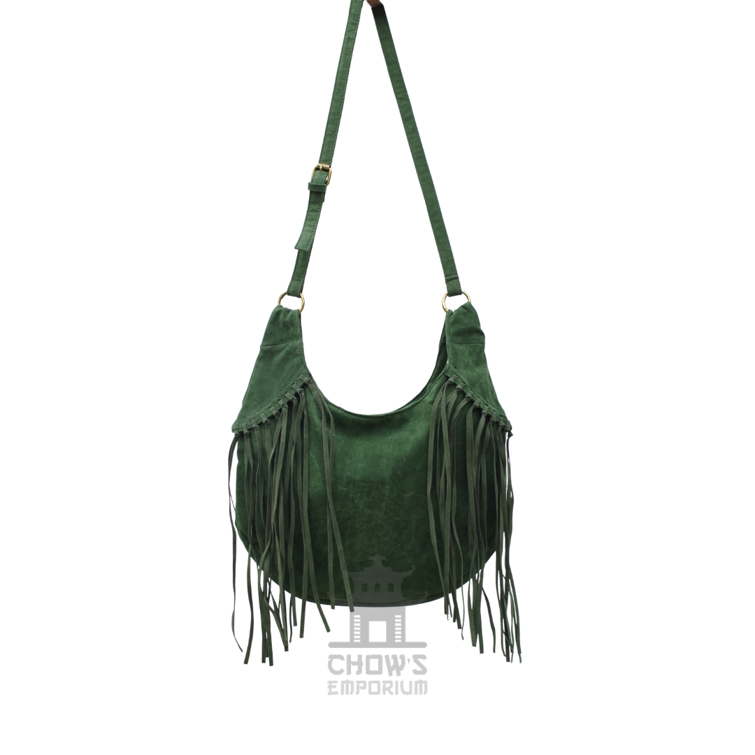 Green suede fringe shoulder bag, hobo style with long adjustable strap