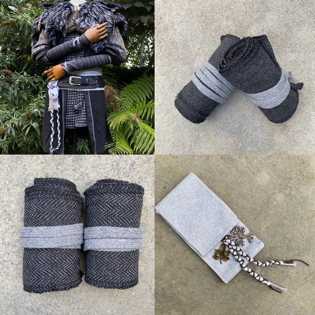 Medieval LARP arm wraps, leg wraps, and sash set in grey herringbone wool.