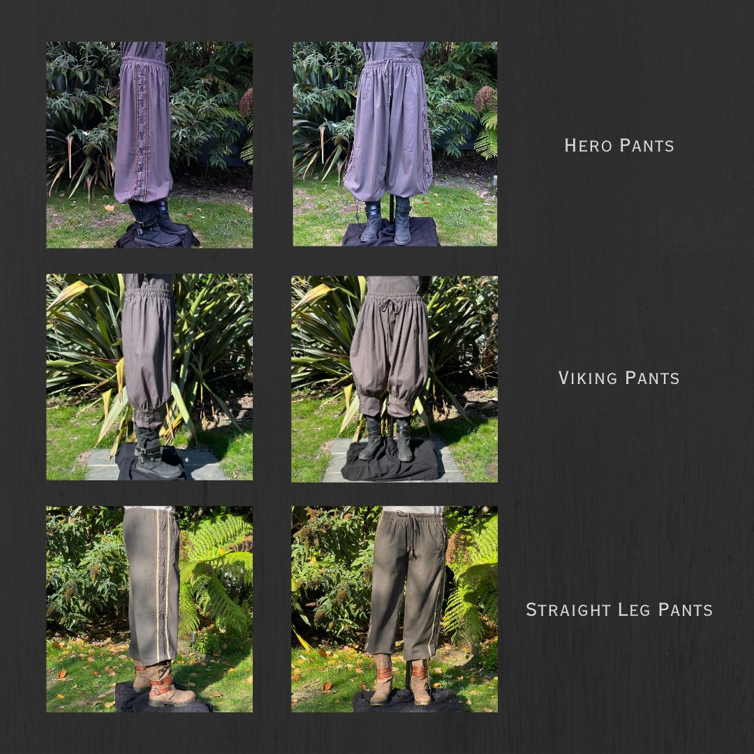 Four sets of LARP pants: hero, Viking, straight leg.