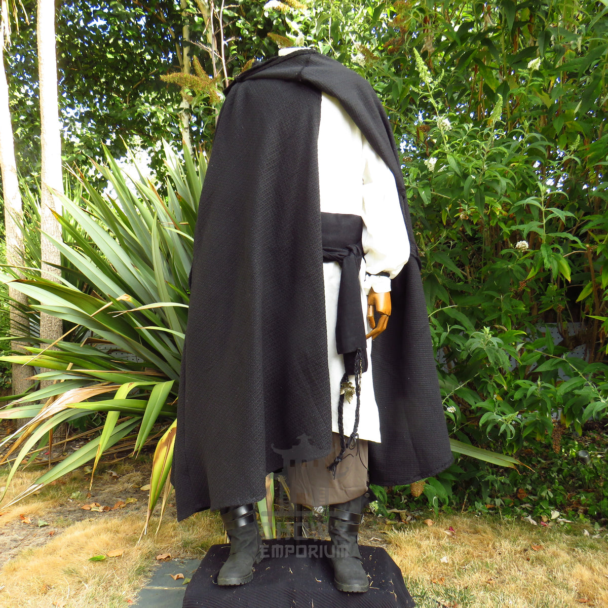 Black Textured Wool Hooded Cloak and Robe