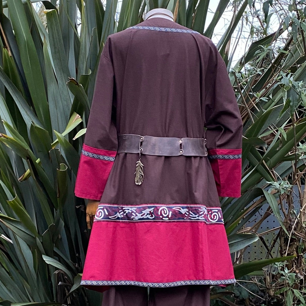 Viking style tunic in brown and red for medieval costume.