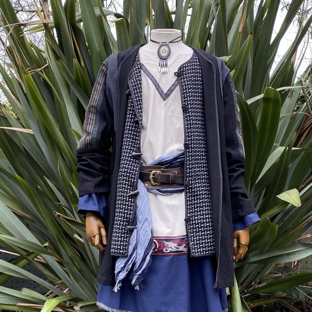 Black and grey medieval LARP jacket with ornate braiding and wool panels for fantasy cosplay open.