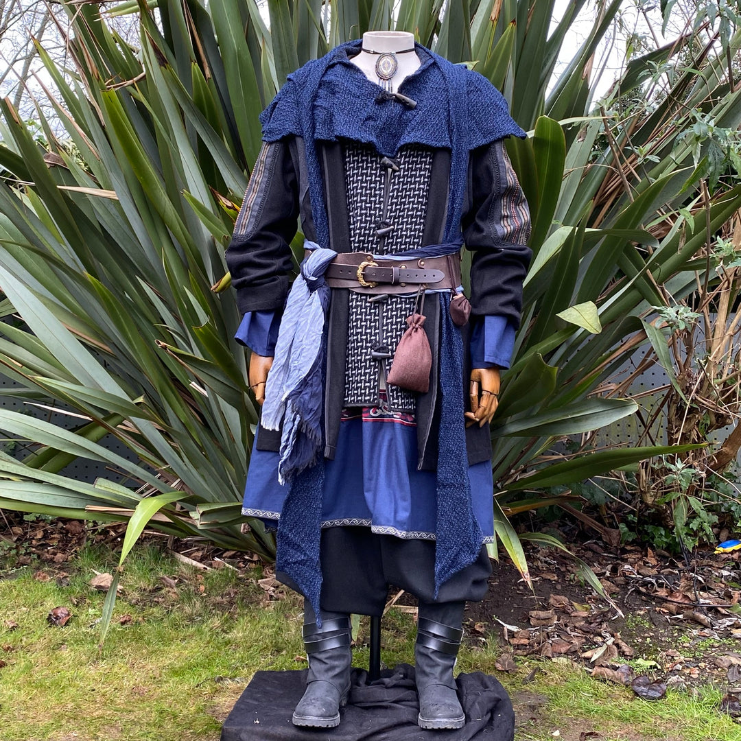 Medieval LARP jacket front view with blue scarf and leather belt detail.