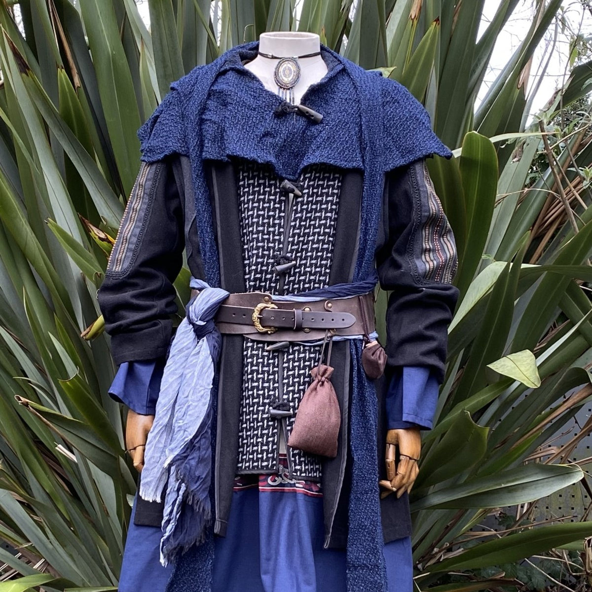 Black and grey LARP jacket styled for mage, cleric, or fantasy character outfit.