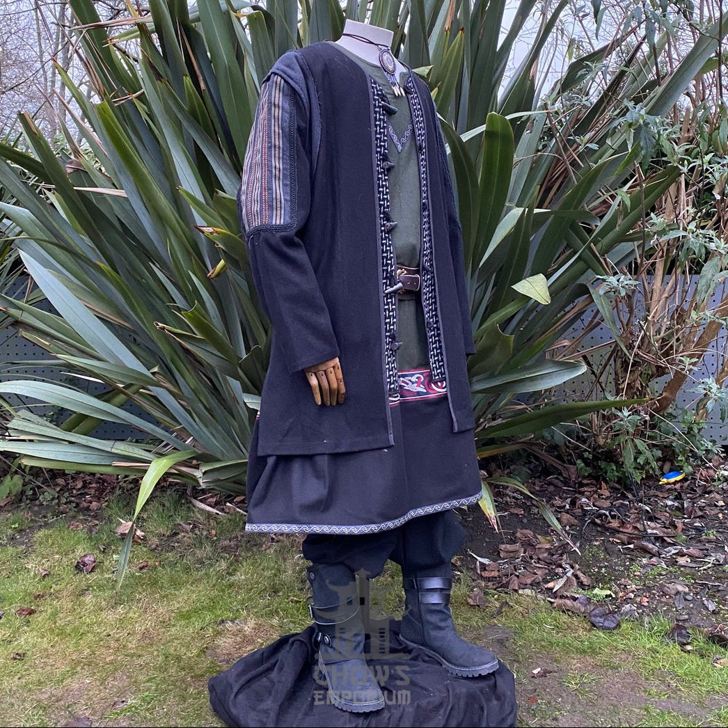 Black and grey medieval LARP jacket with ornate braiding and wool panels for fantasy cosplay.