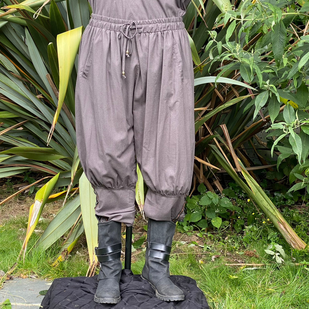grey cotton viking pants with braided trim for LARP.