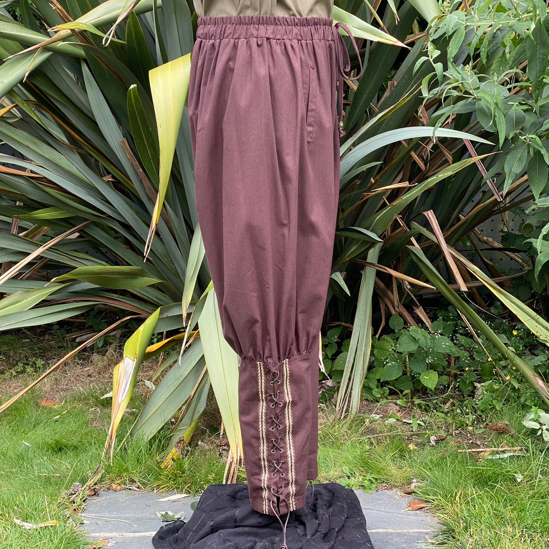 cotton viking pants with lacing and trim for LARP.