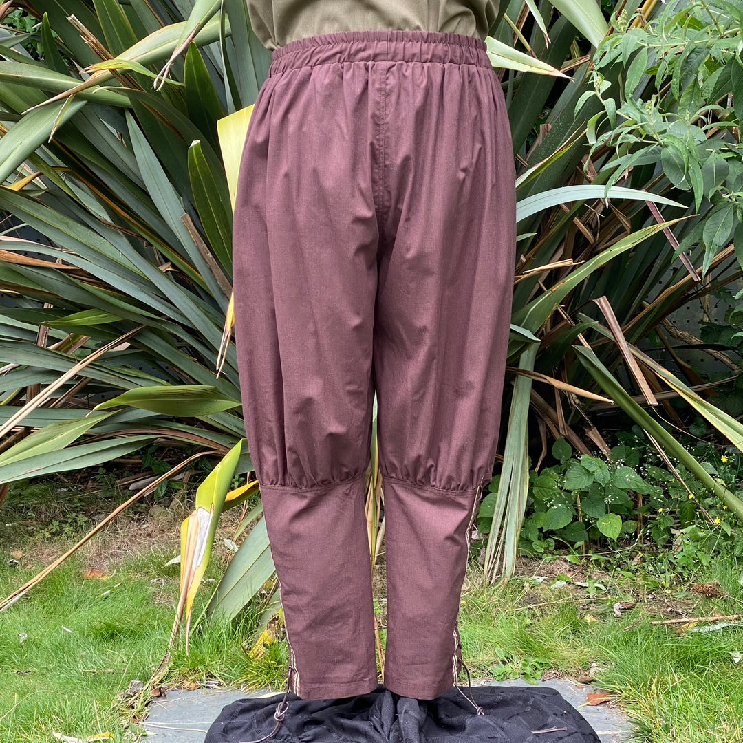brown cotton trousers with viking braiding for LARP.