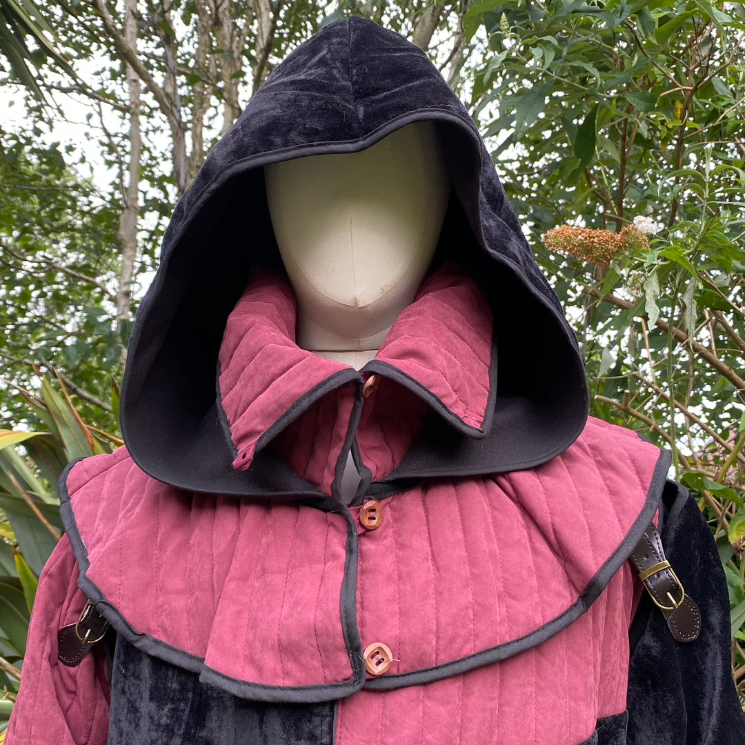 Rogue Warrior LARP set: velvet jacket and hood in pink and black.