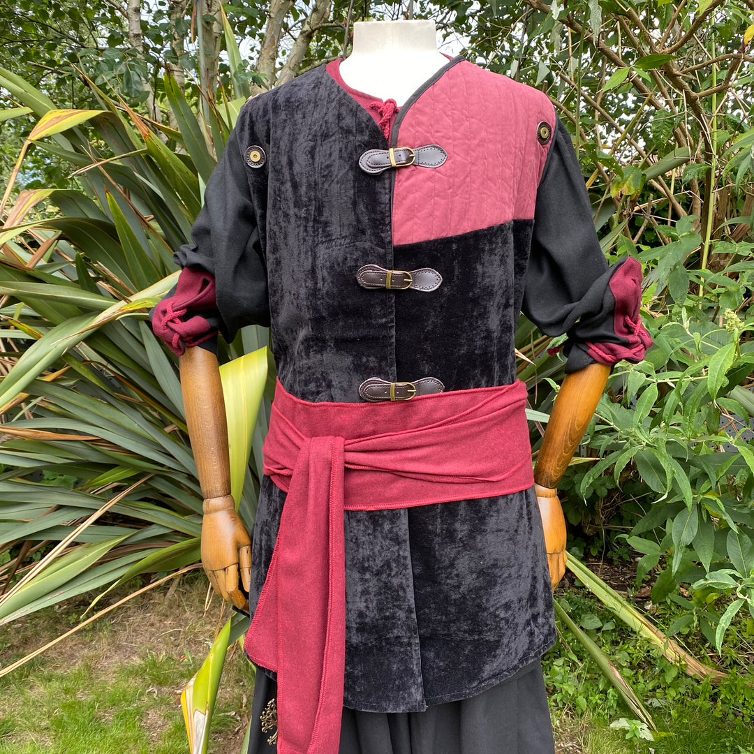 LARP rogue warrior set with black velvet jacket and maroon hood, belt, sash.