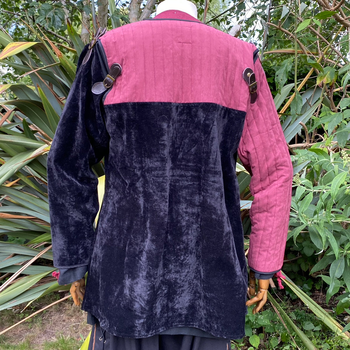 Rogue Warrior LARP jacket, burgundy and black velvet, back view.