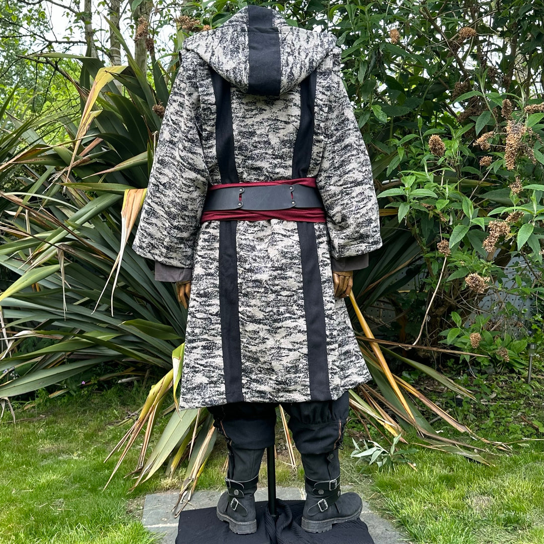 Back view of beige and black LARP robe with hood, full-length medieval fantasy cosplay costume.