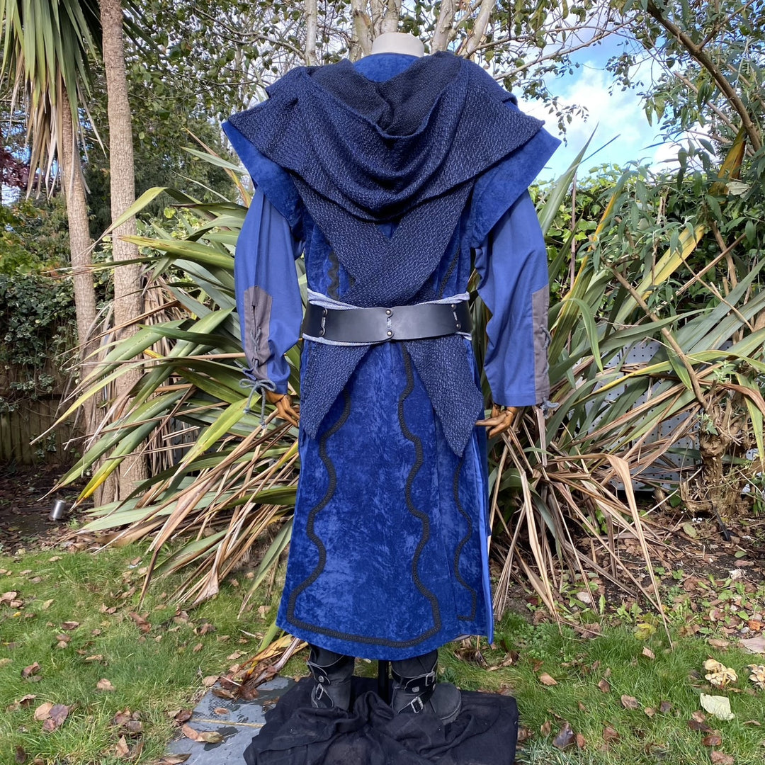 Rear view of LARP costume with blue tunic and textured black hood.