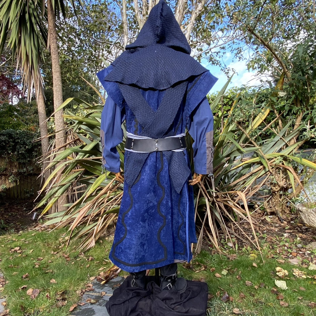 Rear view of blue LARP mage set with textured hood, tunic, and waistcoat.