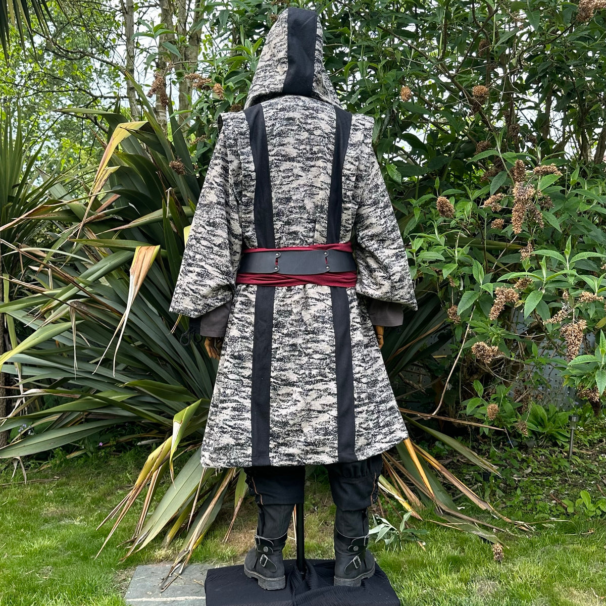 Back view of hooded beige and black LARP robe, medieval fantasy cosplay costume for.