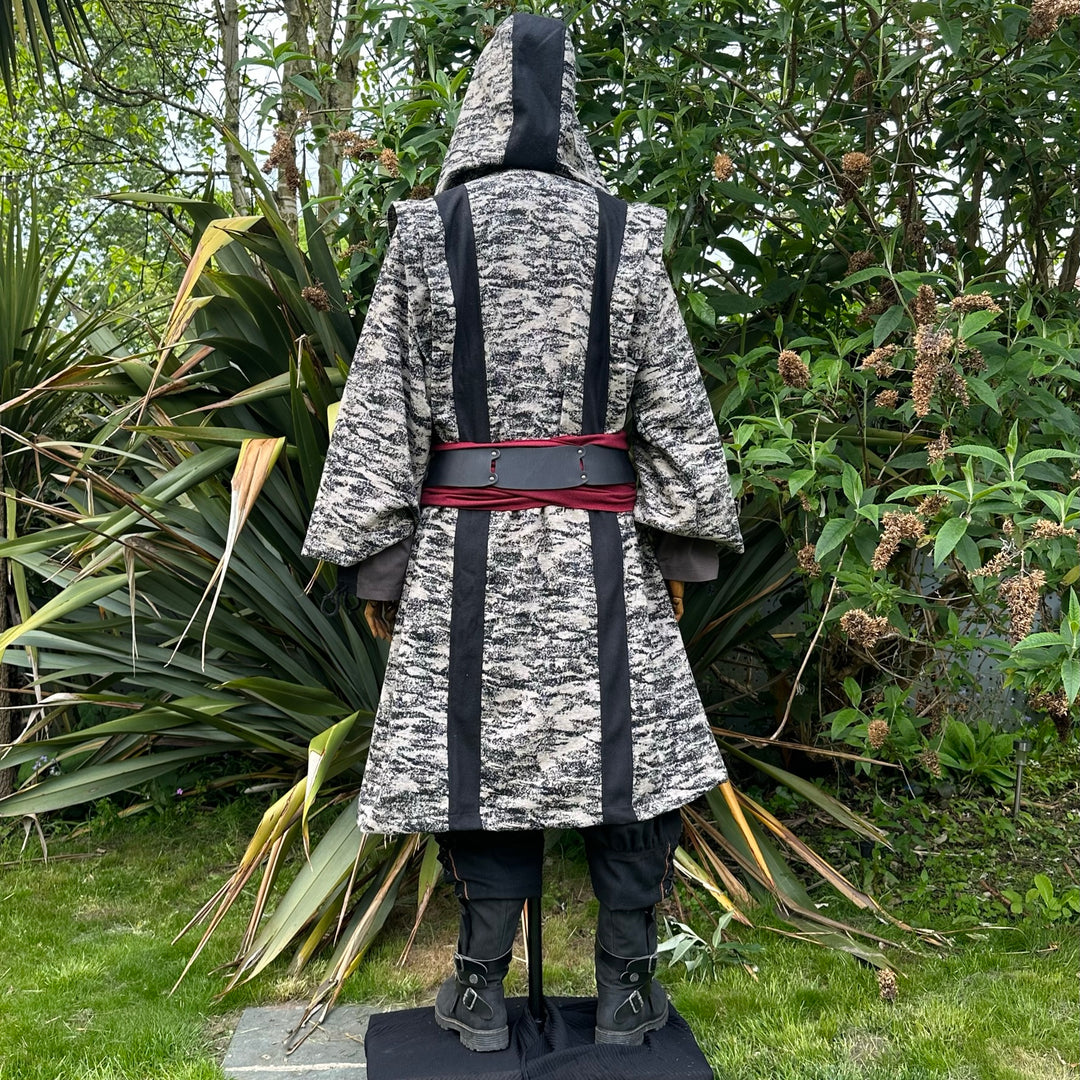 Back view of hooded beige and black LARP robe, medieval fantasy cosplay costume for.