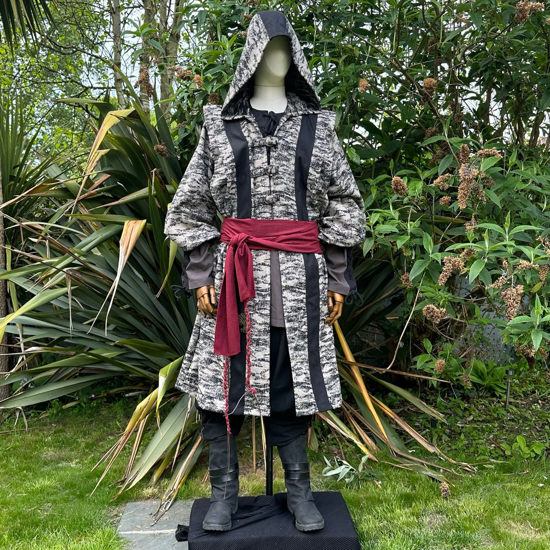 Front view of hooded beige and black LARP robe, medieval fantasy cosplay costume for.