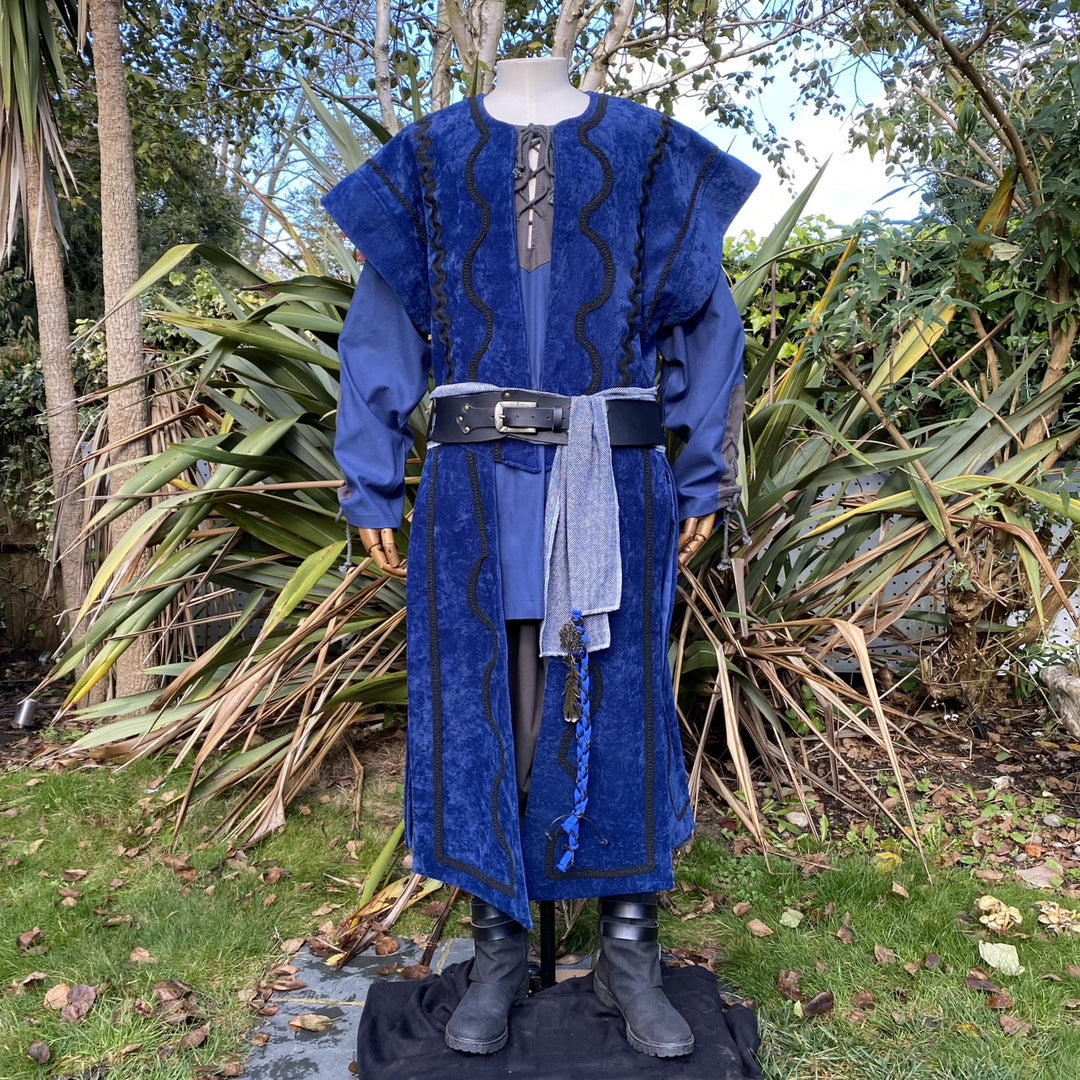 Blue velvet tunic and waistcoat with sash, perfect for medieval LARP costume.