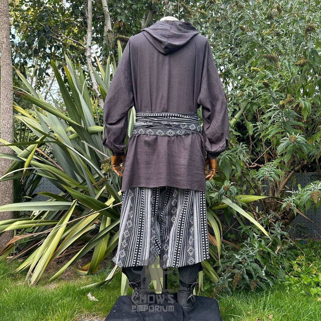 Grey hooded medieval shirt in cotton-linen blend, back view, for LARP events.