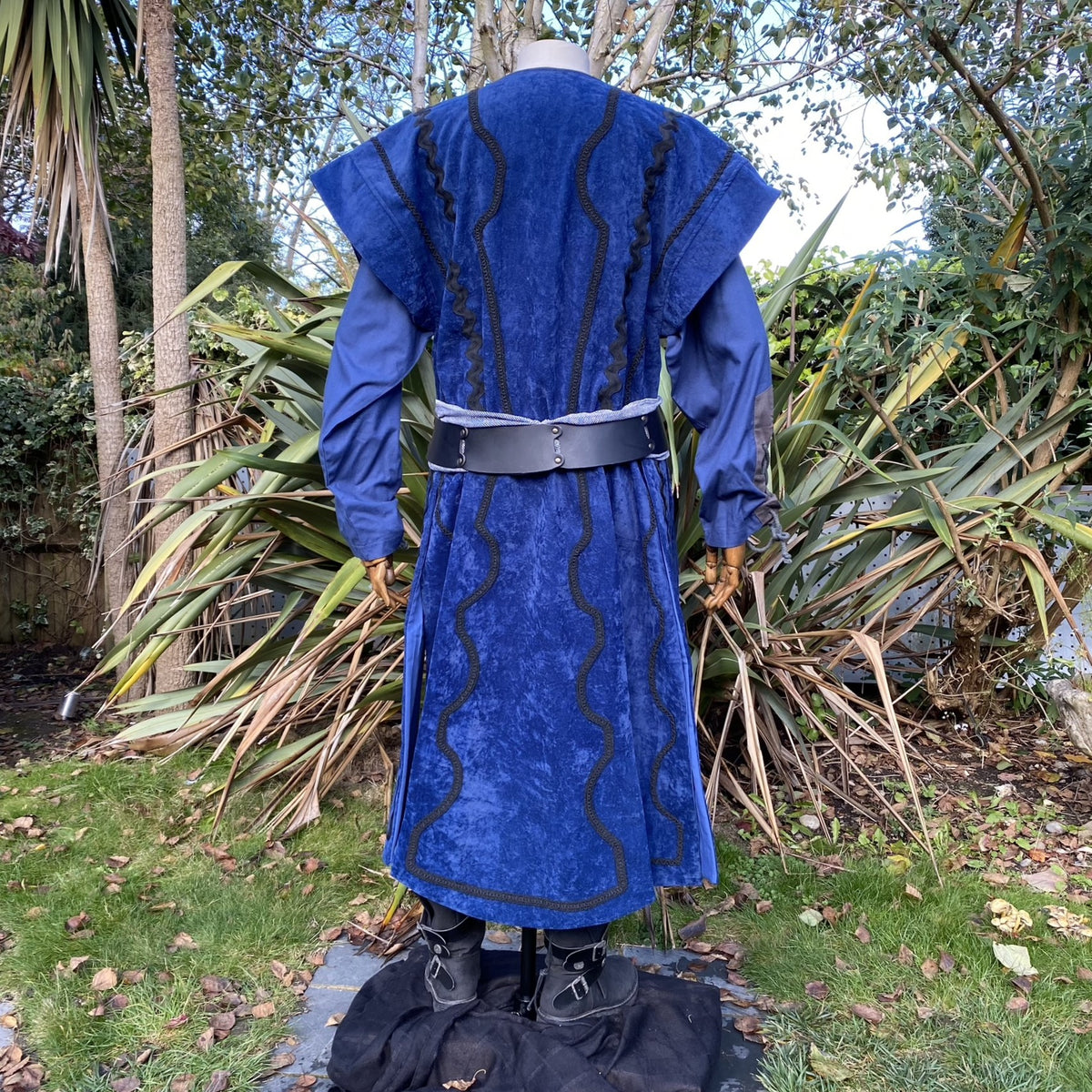 Rear view of blue suede effect waistcoat with LARP belt detail.