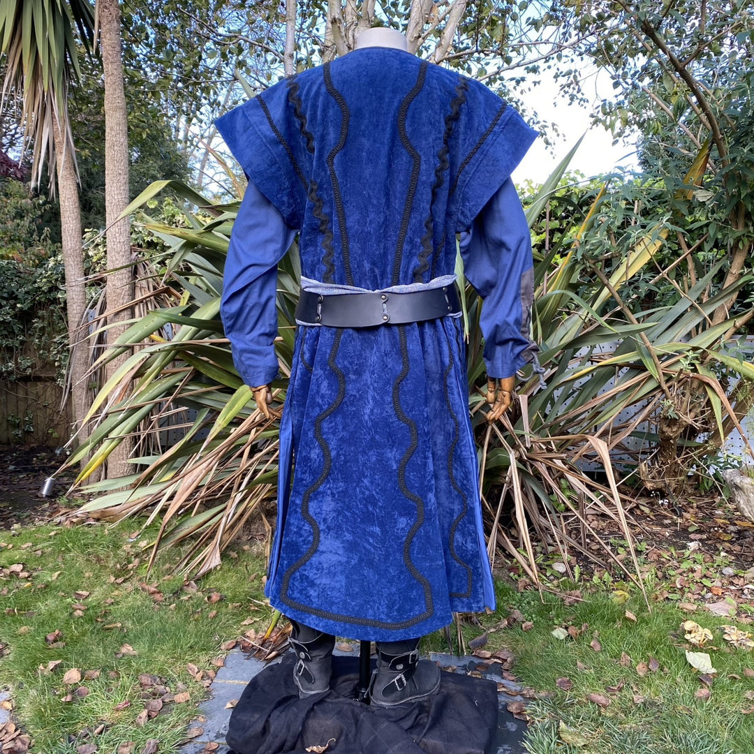 Rear view of blue suede effect waistcoat with LARP belt detail.