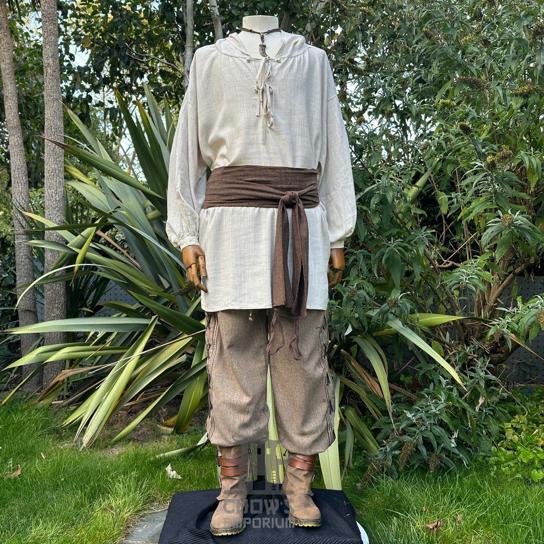 Medieval LARP outfit front view, featuring a hooded shirt, trousers, and sash.