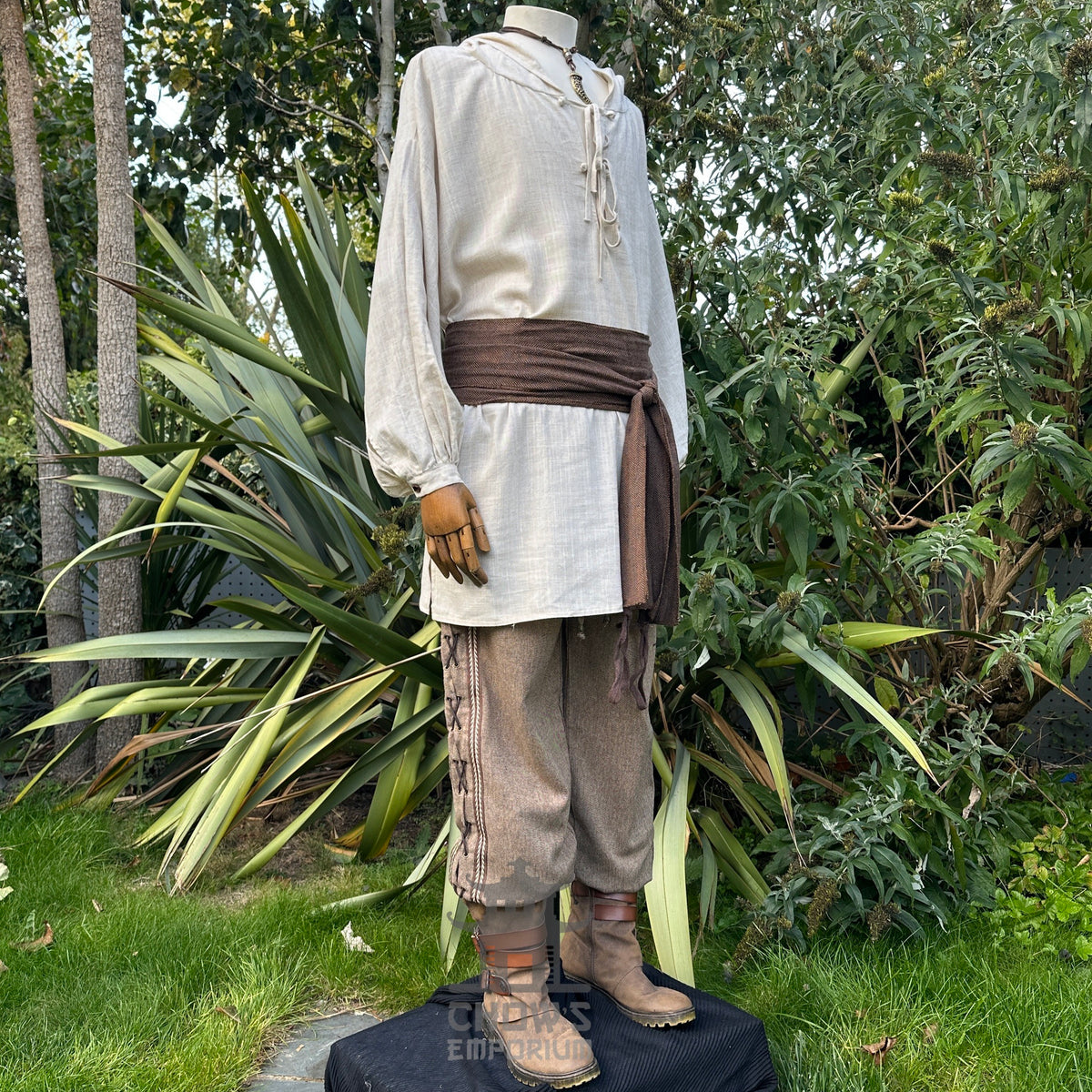 Hooded medieval shirt, natural cotton linen, side view.