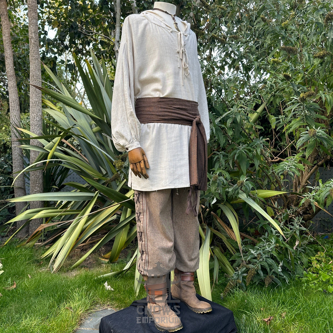Hooded medieval shirt, natural cotton linen, side view.