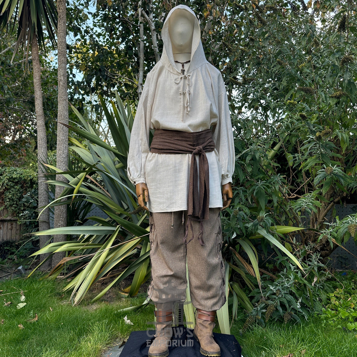Hooded medieval shirt in natural cotton and linen, front view, for LARP.