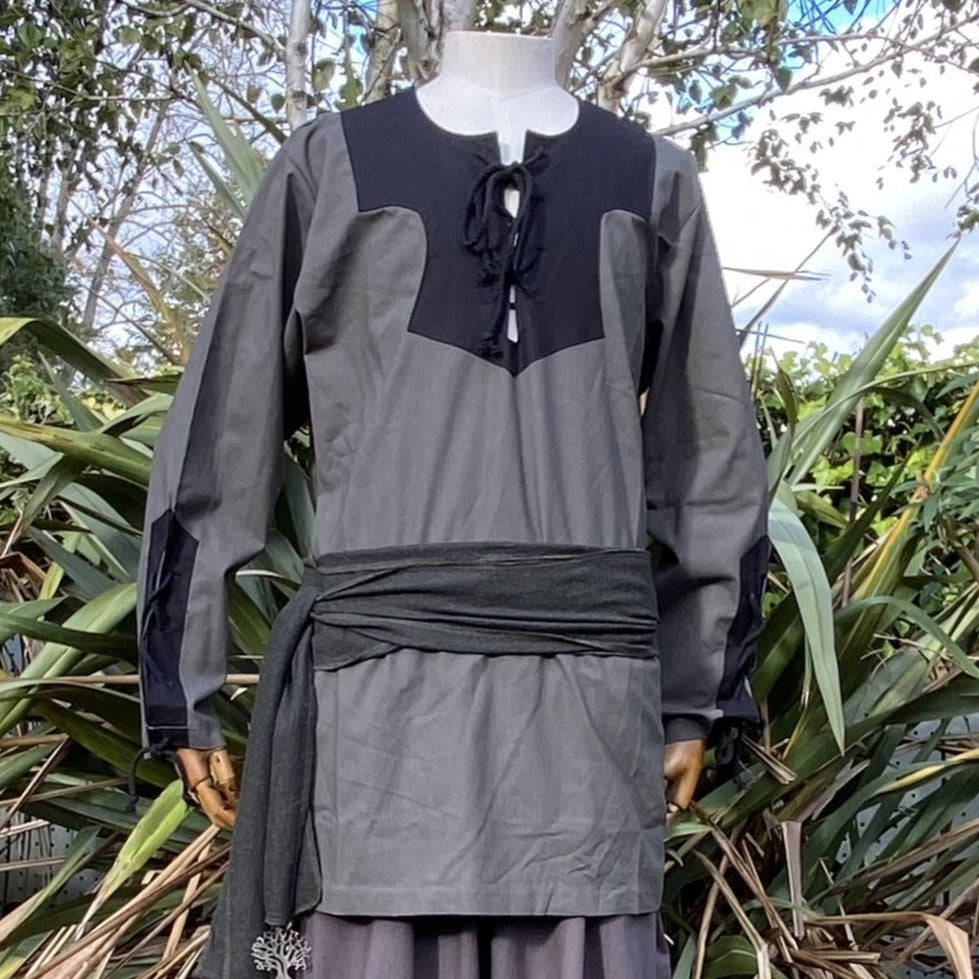 LARP medieval outfit, grey tunic with black neckline and sash shown.