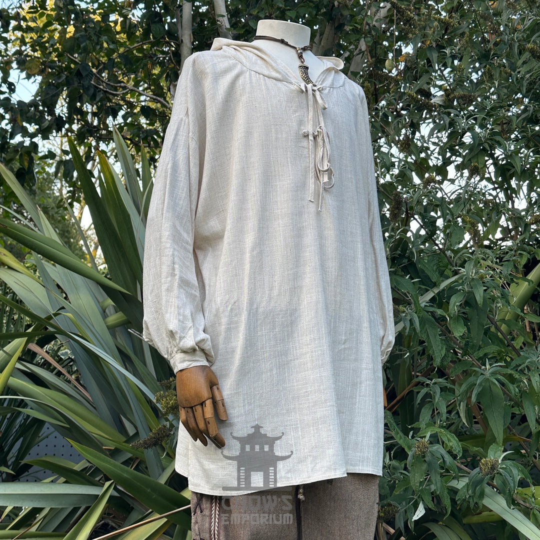 Medieval hooded shirt in natural cotton linen, front view, LARP attire.