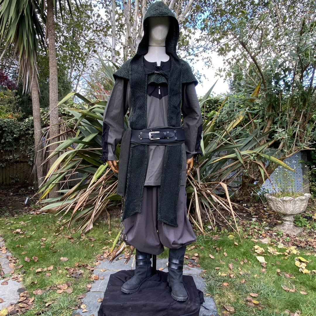 Medieval LARP outfit on mannequin, showcasing hooded vest and belt.