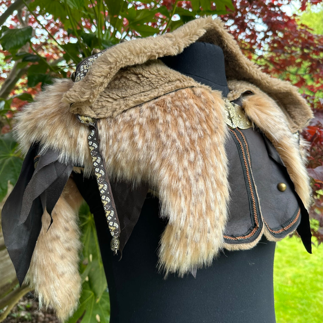 Fur-trimmed alchemist hood detail for LARP and medieval costume.
