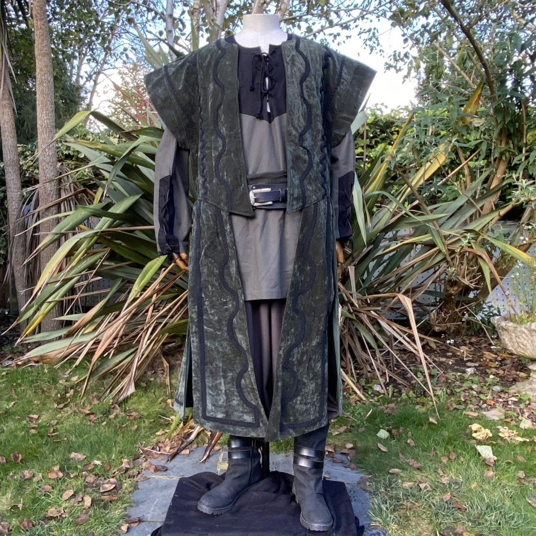 Green suede-effect wizard waistcoat with ornate braiding and flowing panels for LARP and fantasy.